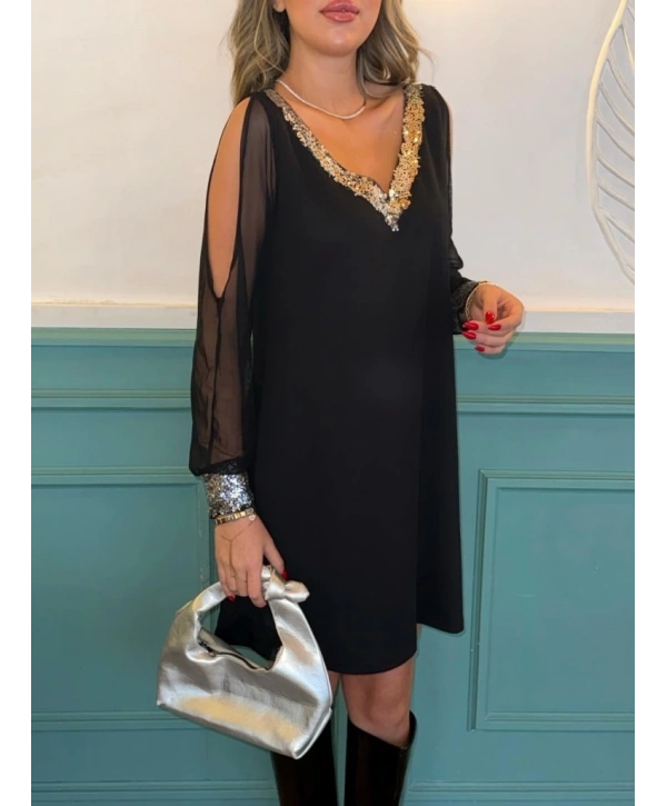 Kadın Uzun Kollu V Yaka Kollar Tül Yırtmaç Detay Kol Manşetleri Ve Yaka Payet Krep Elbise