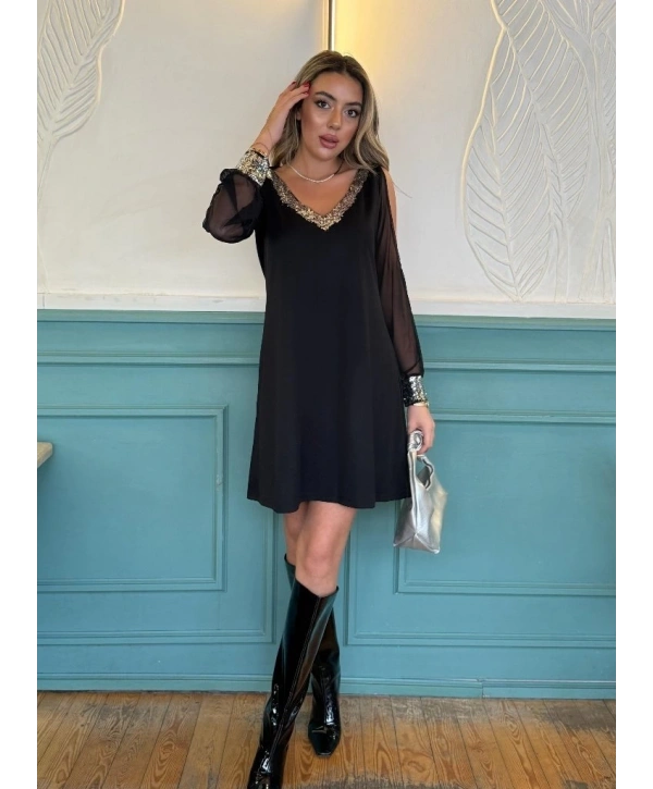 Kadın Uzun Kollu V Yaka Kollar Tül Yırtmaç Detay Kol Manşetleri Ve Yaka Payet Krep Elbise