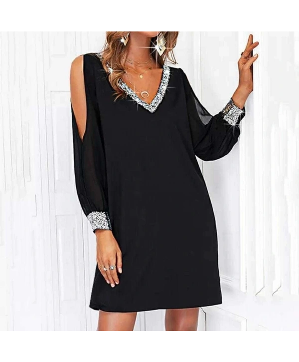 Kadın Uzun Kollu V Yaka Kollar Tül Yırtmaç Detay Kol Manşetleri Ve Yaka Payet Krep Elbise