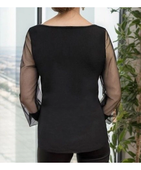 Kadın Uzun Kollu V Yaka Kolları Tül Yaka Kenarı Ve Göğüs Inci Detay Krep Bluz