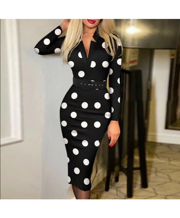 Kadın Uzun Kollu V Yaka Puantiyeli Krep Midi Boy Elbise