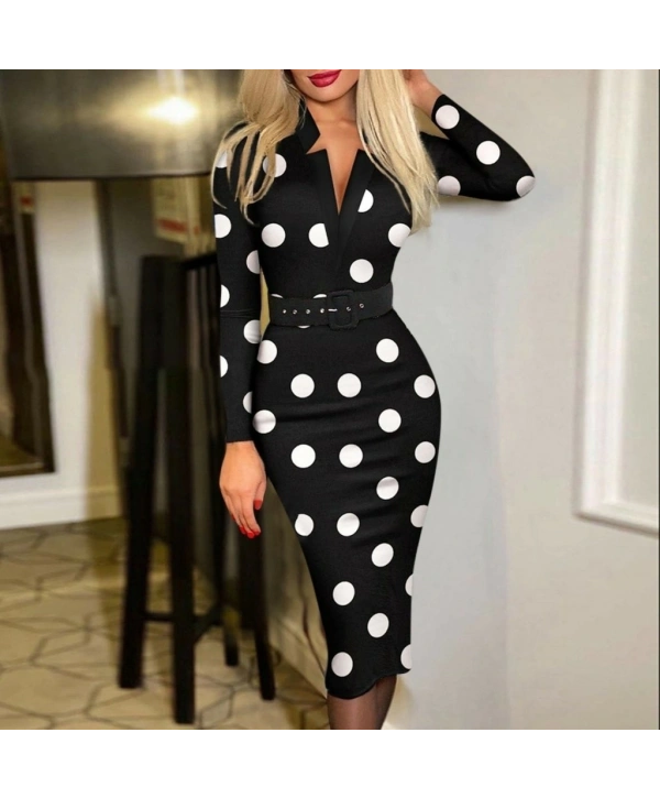 Kadın Uzun Kollu V Yaka Puantiyeli Krep Midi Boy Elbise