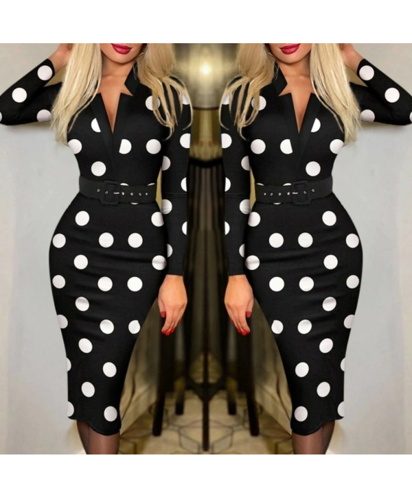 Kadın Uzun Kollu V Yaka Puantiyeli Krep Midi Boy Elbise