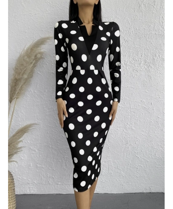 Kadın Uzun Kollu V Yaka Puantiyeli Krep Midi Boy Elbise