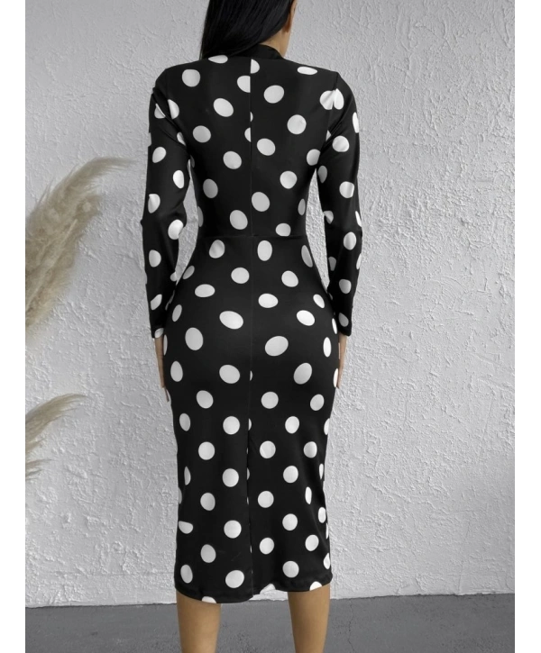 Kadın Uzun Kollu V Yaka Puantiyeli Krep Midi Boy Elbise