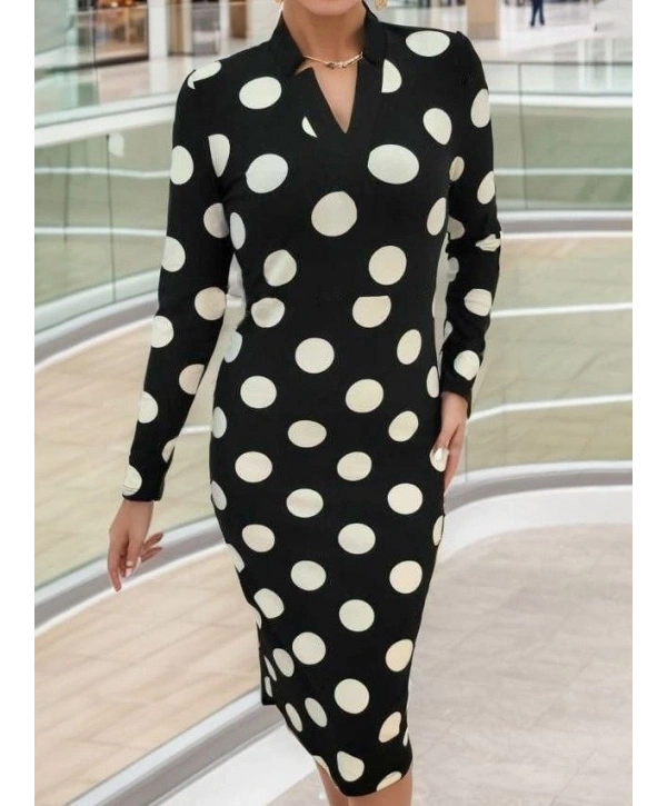 Kadın Uzun Kollu V Yaka Puantiyeli Krep Midi Boy Elbise