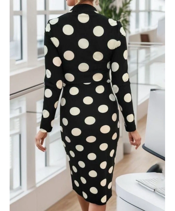 Kadın Uzun Kollu V Yaka Puantiyeli Krep Midi Boy Elbise