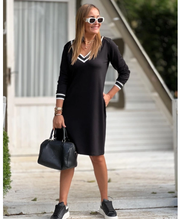 Kadın Uzun Kollu V Yaka şeritli Iki Iplik Salaş Elbise