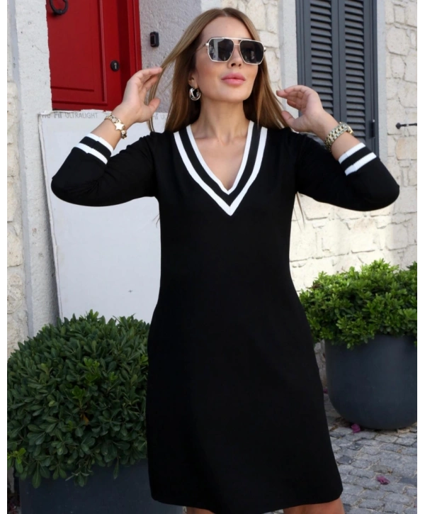 Kadın Uzun Kollu V Yaka şeritli Iki Iplik Salaş Elbise