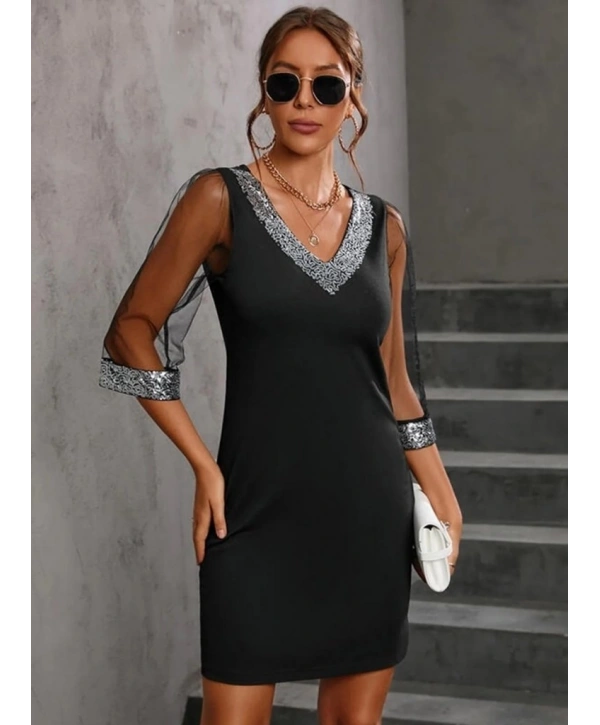 Kadın Uzun Kollu V Yaka Ve Kol Ucu Pul Payet Krep Elbise