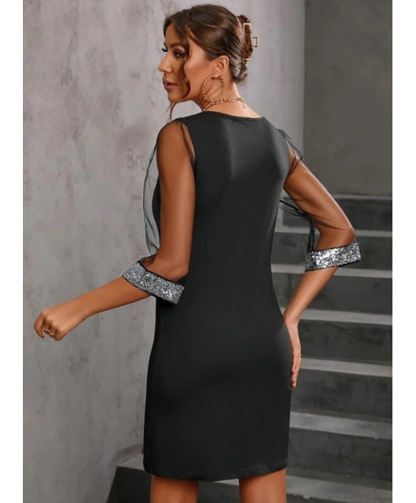 Kadın Uzun Kollu V Yaka Ve Kol Ucu Pul Payet Krep Elbise