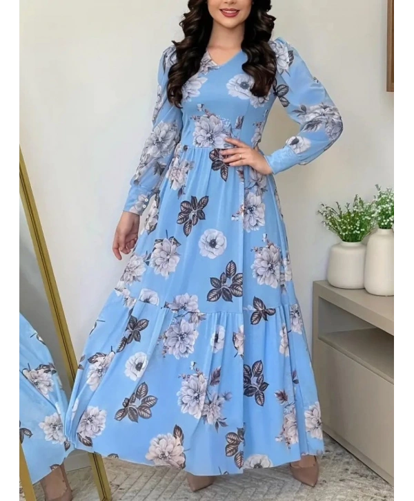 Kadın Uzun Kollu V Yakalı çiçek Desenli Maxi Süprem Elbise