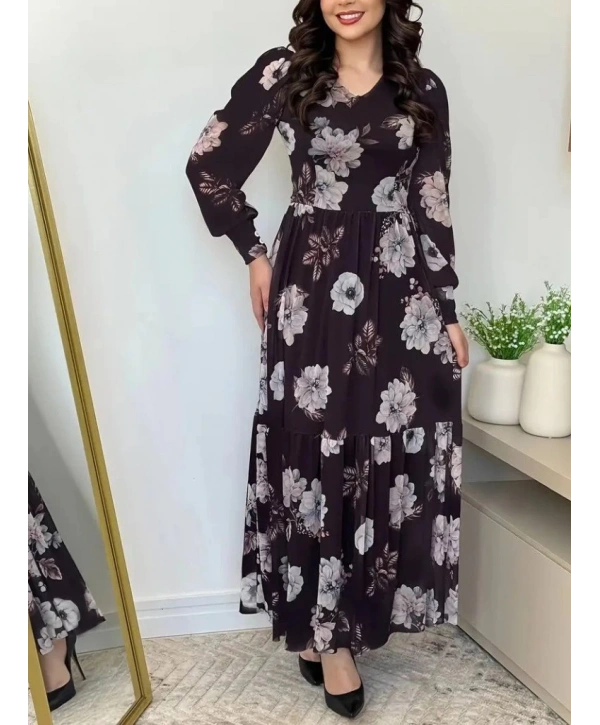 Kadın Uzun Kollu V Yakalı çiçek Desenli Maxi Süprem Elbise