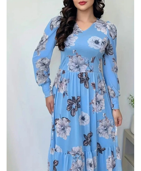 Kadın Uzun Kollu V Yakalı çiçek Desenli Maxi Süprem Elbise