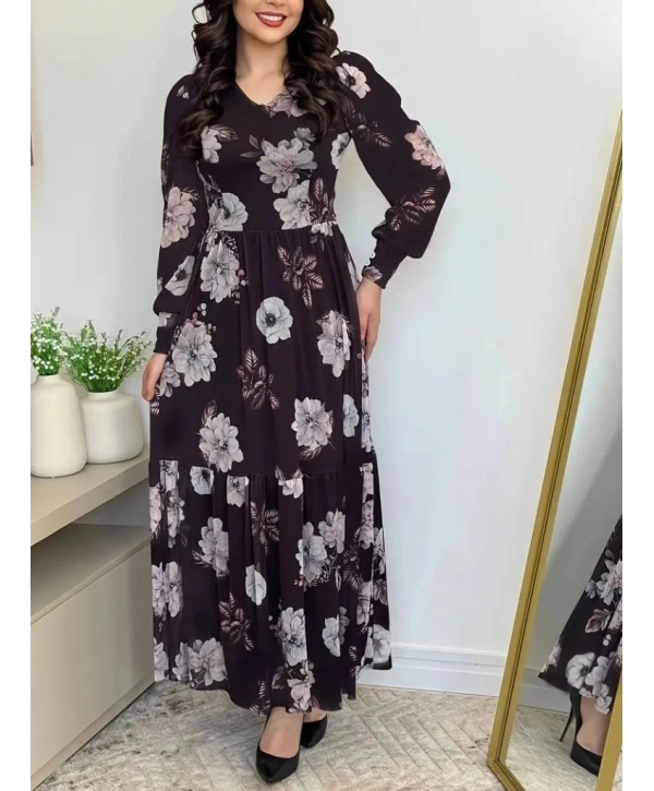 Kadın Uzun Kollu V Yakalı çiçek Desenli Maxi Süprem Elbise
