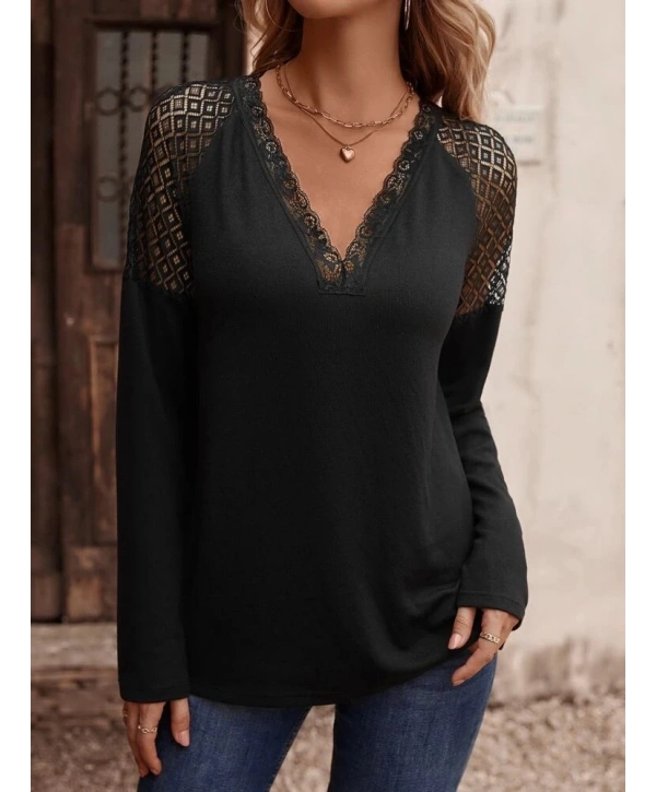 Kadın Uzun Kollu V Yakalı Dantel Detaylı Viskon Bluz
