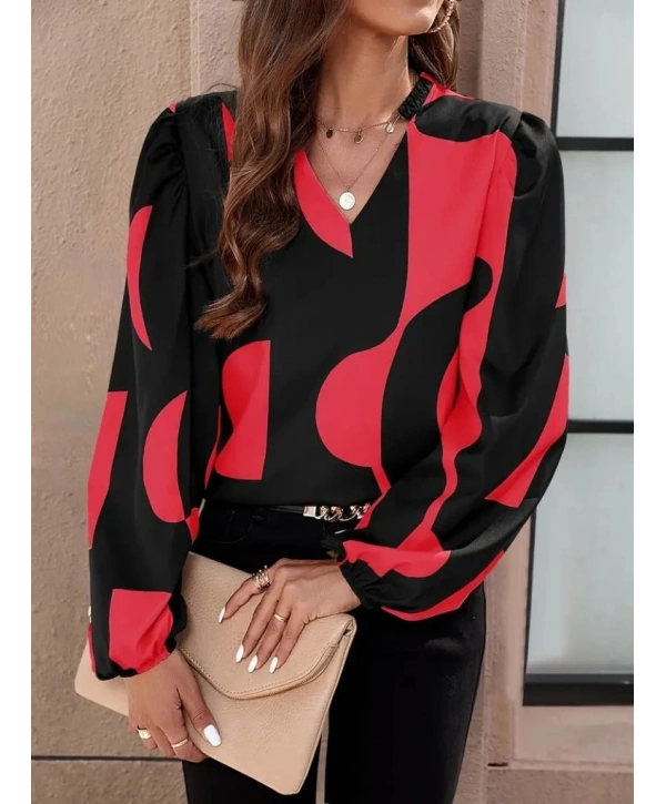 Kadın Uzun Kollu V Yakalı Desenli Modal Bluz
