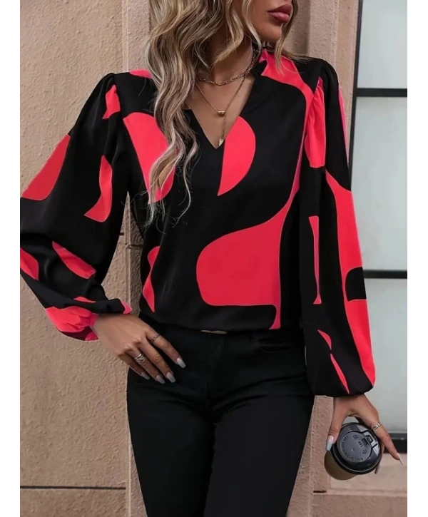Kadın Uzun Kollu V Yakalı Desenli Modal Bluz