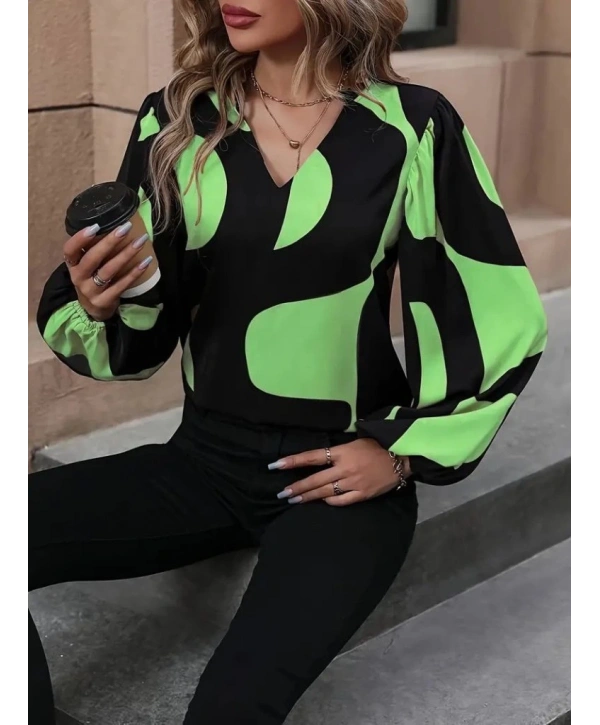 Kadın Uzun Kollu V Yakalı Desenli Modal Bluz