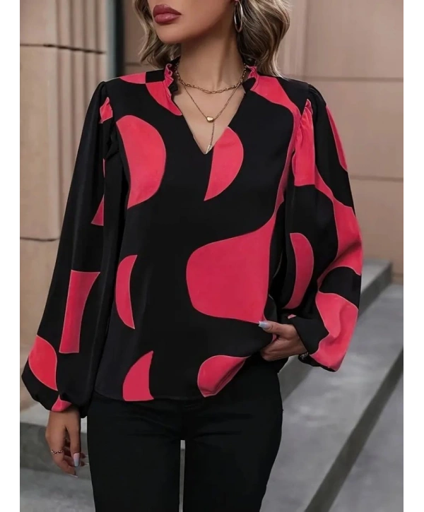 Kadın Uzun Kollu V Yakalı Desenli Modal Bluz