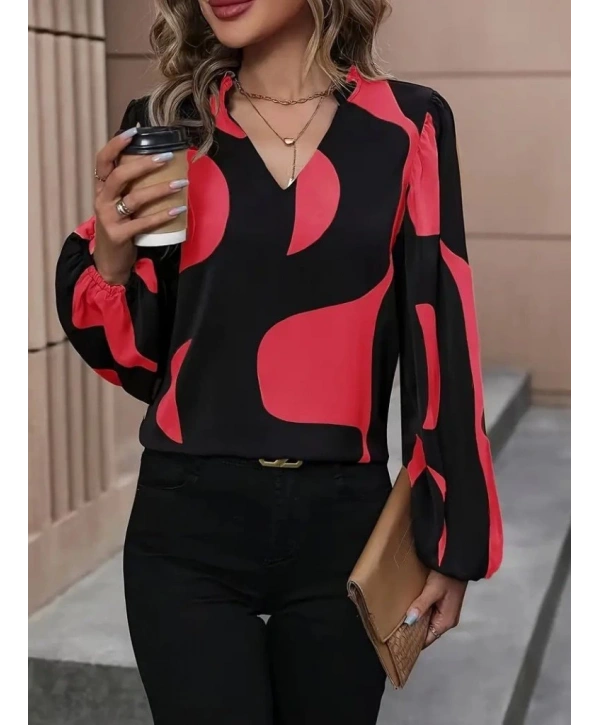 Kadın Uzun Kollu V Yakalı Desenli Modal Bluz