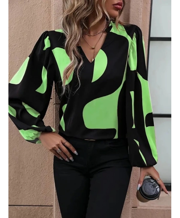 Kadın Uzun Kollu V Yakalı Desenli Modal Bluz