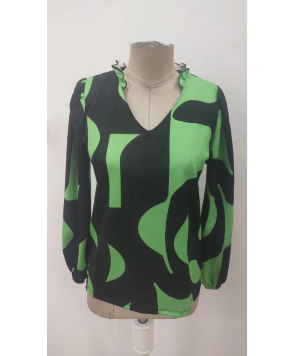 Kadın Uzun Kollu V Yakalı Desenli Modal Bluz