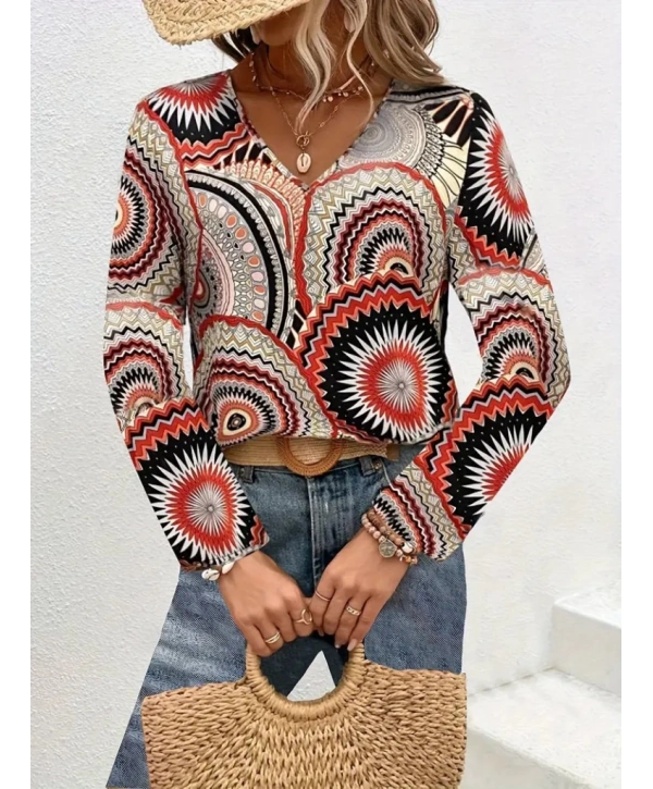 Kadın Uzun Kollu V Yakalı Desenli Süprem Bluz