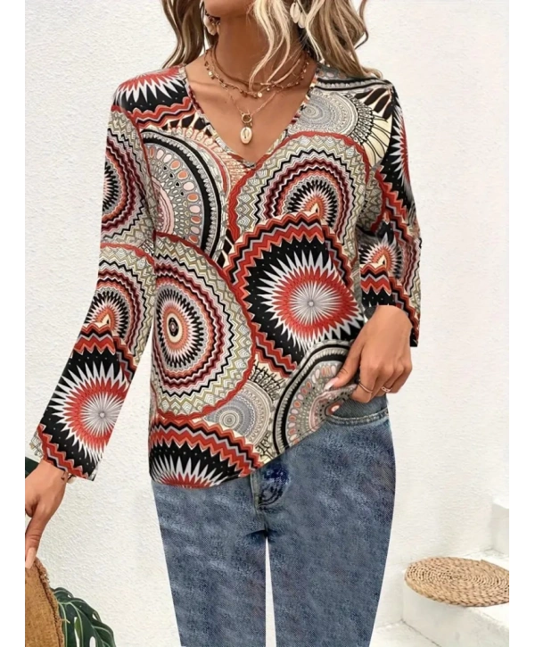 Kadın Uzun Kollu V Yakalı Desenli Süprem Bluz