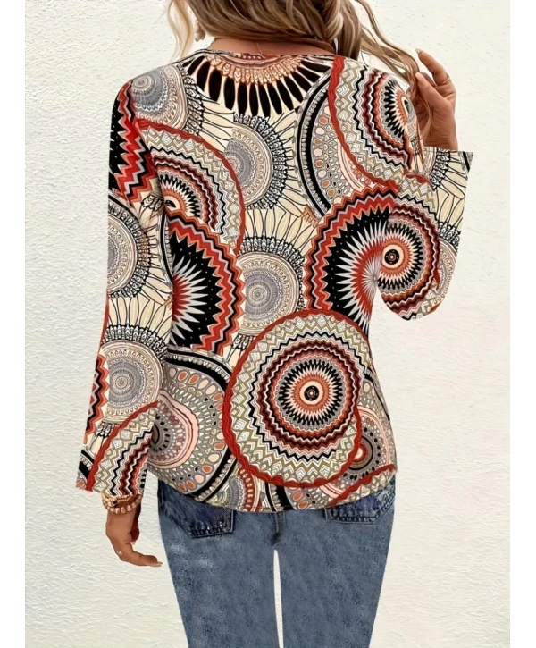 Kadın Uzun Kollu V Yakalı Desenli Süprem Bluz