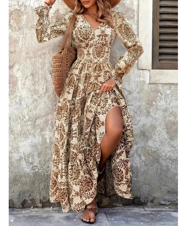 Kadın Uzun Kollu V Yakalı Desenli Süprem Elbise