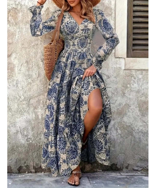 Kadın Uzun Kollu V Yakalı Desenli Süprem Elbise