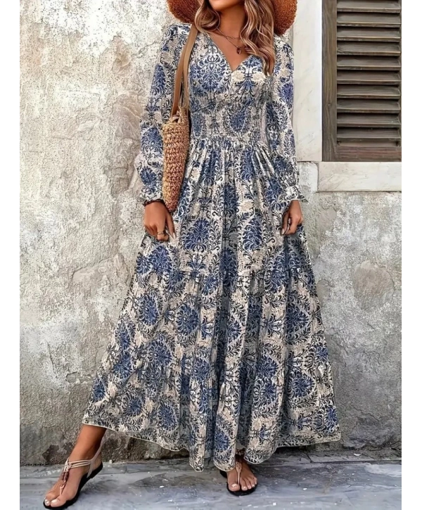 Kadın Uzun Kollu V Yakalı Desenli Süprem Elbise