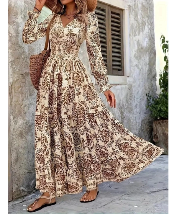 Kadın Uzun Kollu V Yakalı Desenli Süprem Elbise