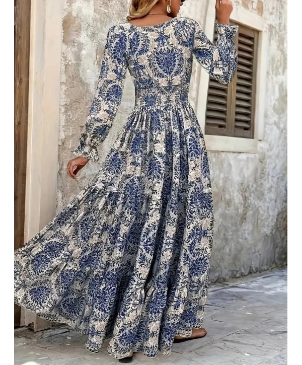 Kadın Uzun Kollu V Yakalı Desenli Süprem Elbise