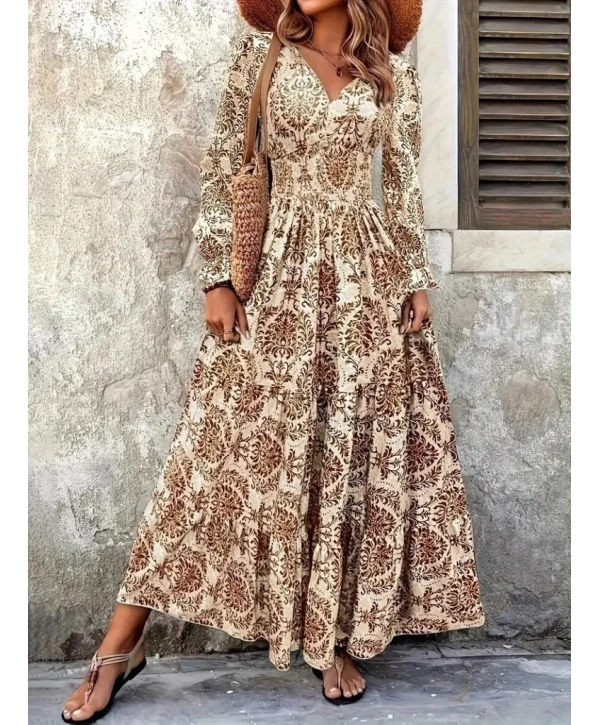 Kadın Uzun Kollu V Yakalı Desenli Süprem Elbise