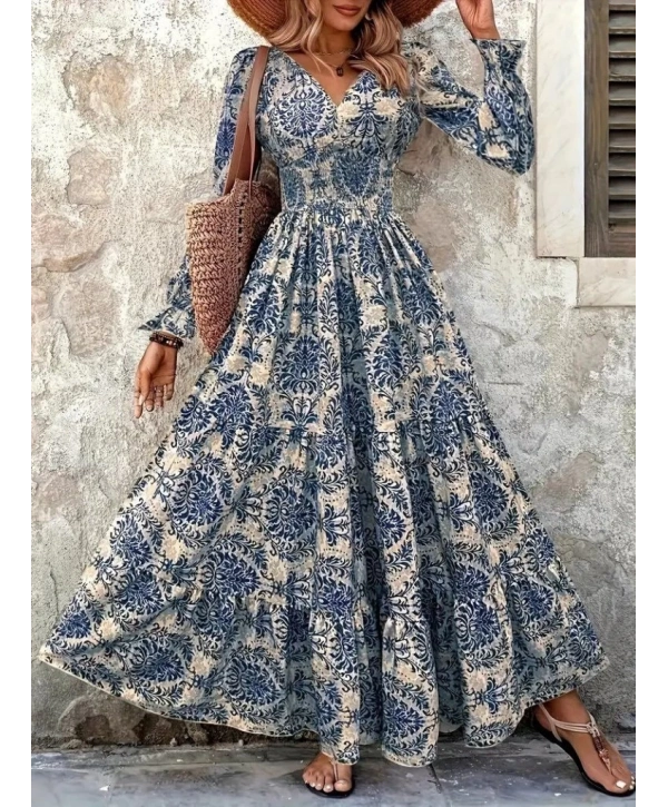 Kadın Uzun Kollu V Yakalı Desenli Süprem Elbise