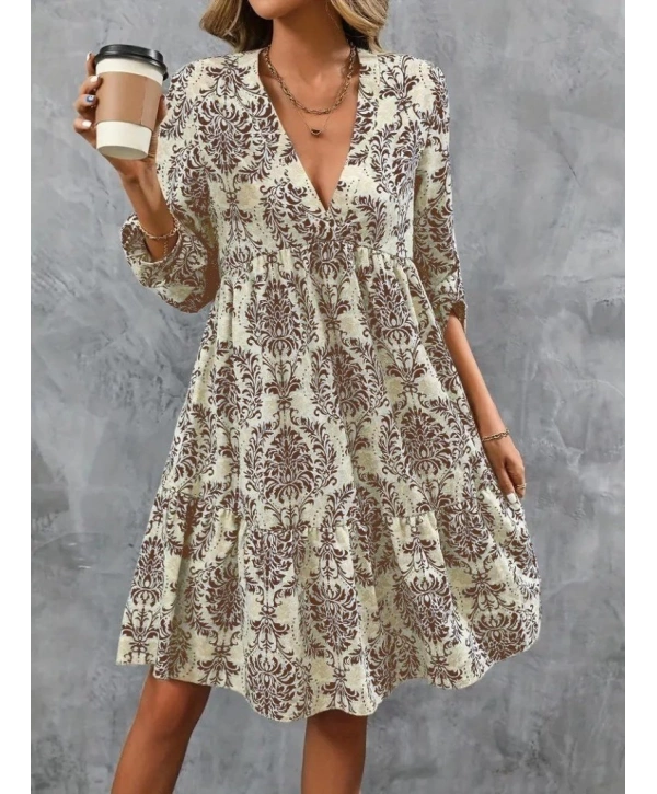 Kadın Uzun Kollu V Yakalı Fırfırlı Mini Süprem Elbise