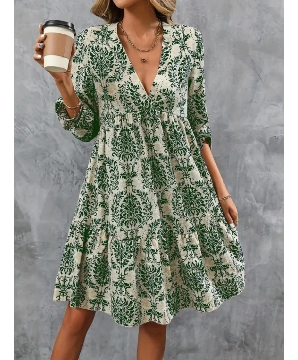 Kadın Uzun Kollu V Yakalı Fırfırlı Mini Süprem Elbise