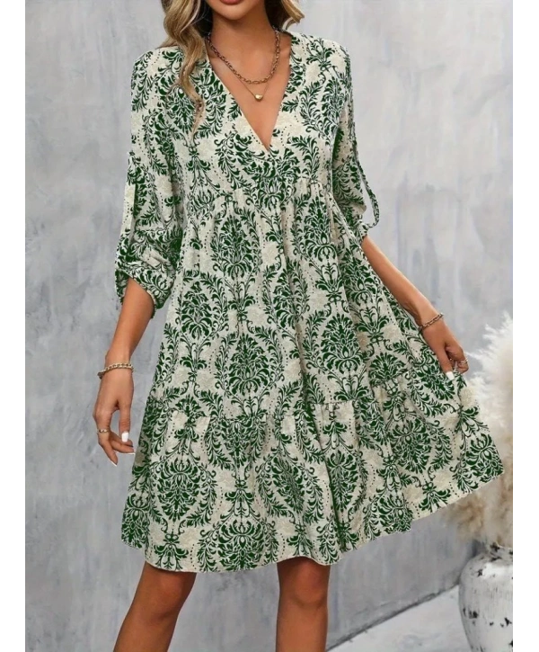 Kadın Uzun Kollu V Yakalı Fırfırlı Mini Süprem Elbise