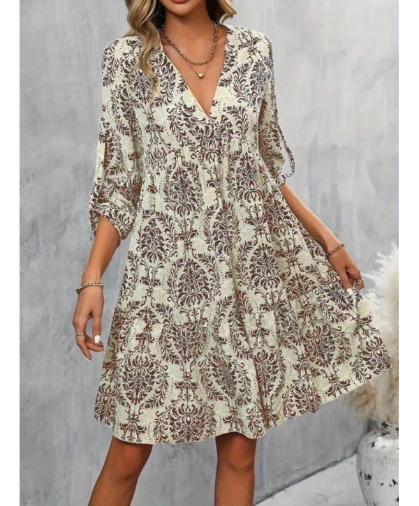 Kadın Uzun Kollu V Yakalı Fırfırlı Mini Süprem Elbise