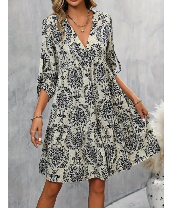 Kadın Uzun Kollu V Yakalı Fırfırlı Mini Süprem Elbise