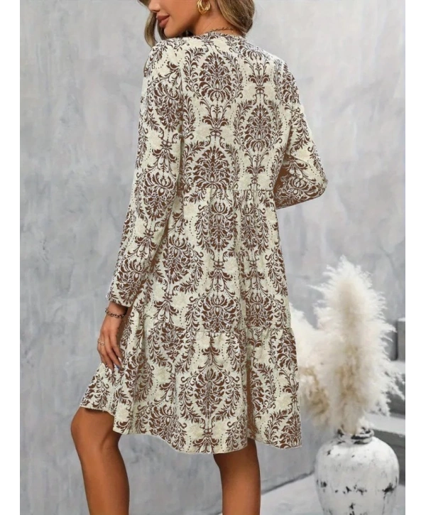 Kadın Uzun Kollu V Yakalı Fırfırlı Mini Süprem Elbise