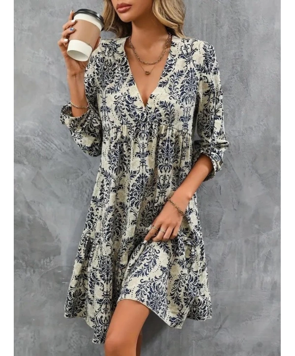 Kadın Uzun Kollu V Yakalı Fırfırlı Mini Süprem Elbise