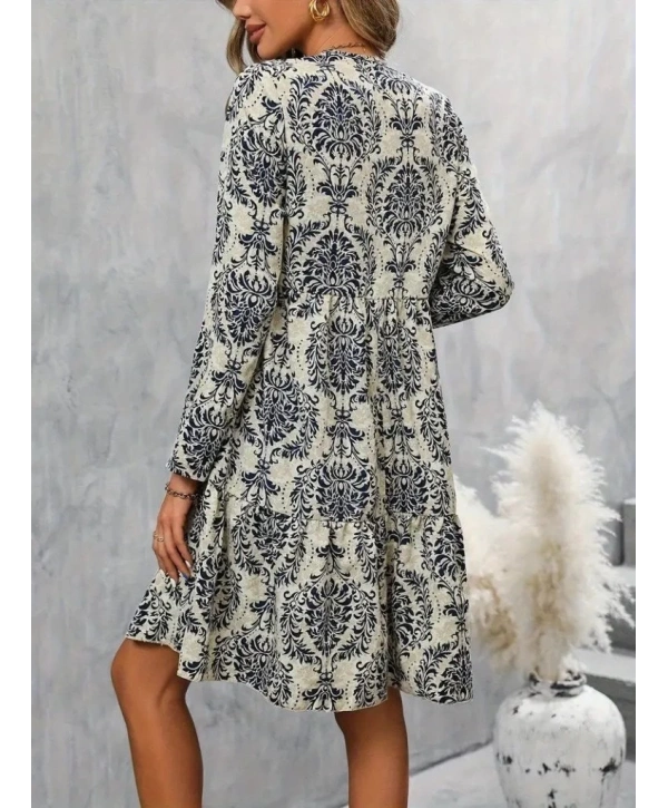 Kadın Uzun Kollu V Yakalı Fırfırlı Mini Süprem Elbise