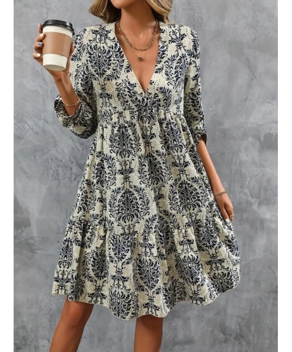 Kadın Uzun Kollu V Yakalı Fırfırlı Mini Süprem Elbise