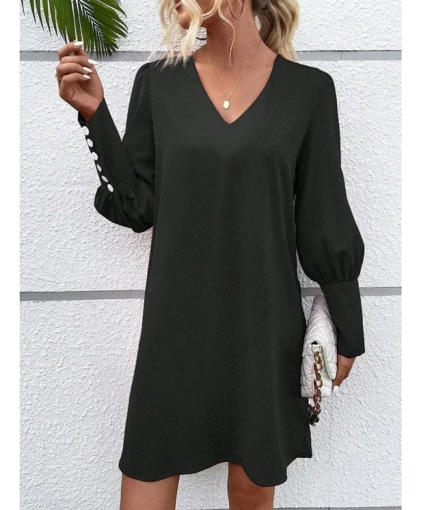 Kadın Uzun Kollu V Yakalı Kısa Ithal Krep Elbise