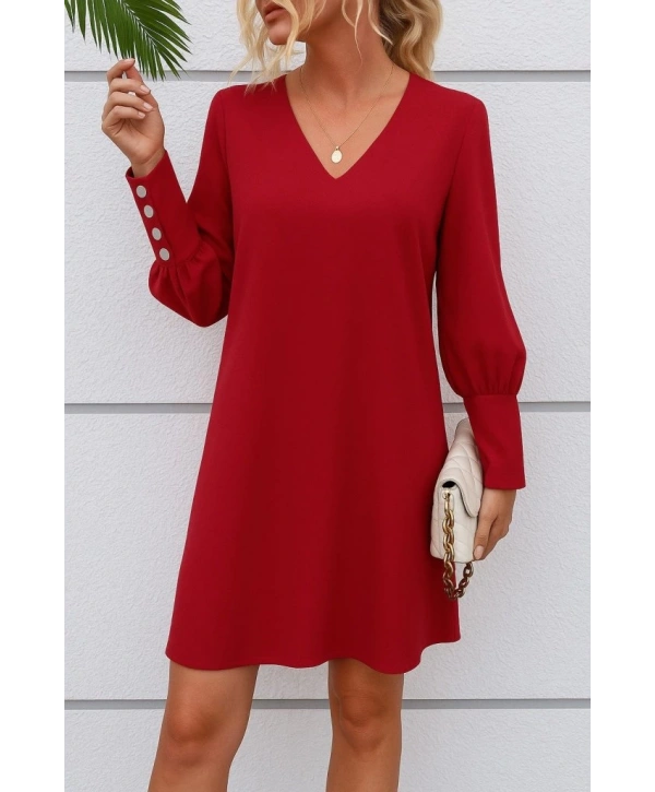 Kadın Uzun Kollu V Yakalı Kısa Ithal Krep Elbise