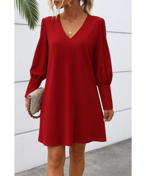 Kadın Uzun Kollu V Yakalı Kısa Ithal Krep Elbise