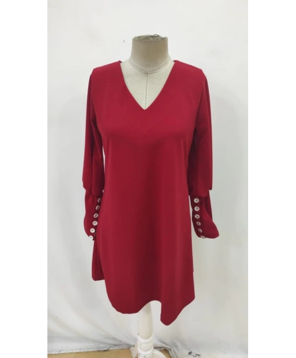 Kadın Uzun Kollu V Yakalı Kısa Ithal Krep Elbise